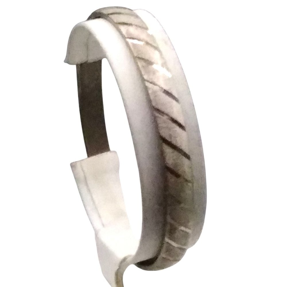 Brushed Silver Monet Bangle with Etched Diagonal Stripes, Chic Vintage Bracelet